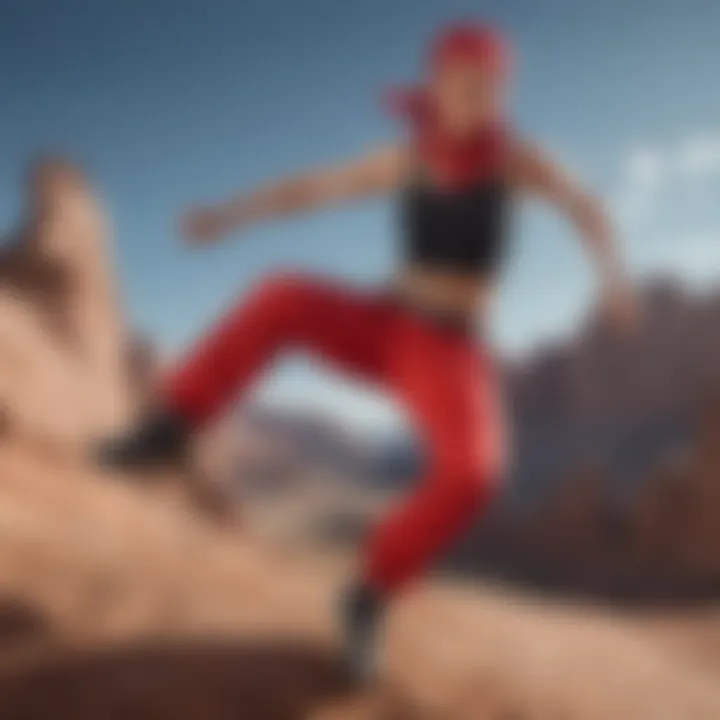 Red bandana pants floating in mid-air against a backdrop of extreme sports backdrop