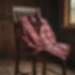 Red and white flannel shirt draped over rustic wooden chair