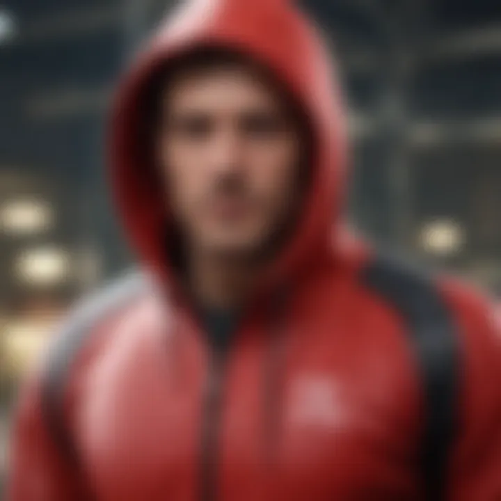 Close-Up of Red Zip-Up Hoodie with Extreme Sports Gear