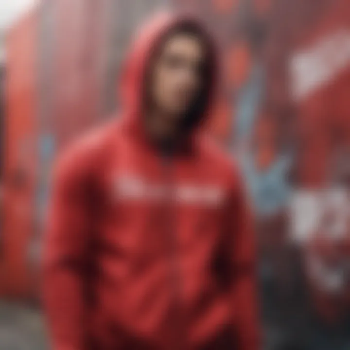 Red Zip-Up Hoodie Against Urban Graffiti Wall