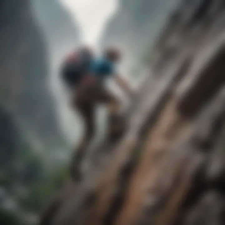 Adventurer scaling a steep rock face