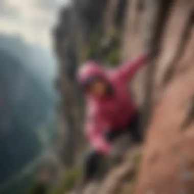 Rock climber scaling a challenging cliff in a pink windbreaker jacket