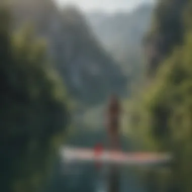 A serene lake scene with paddle boarders of various skill levels enjoying the water.