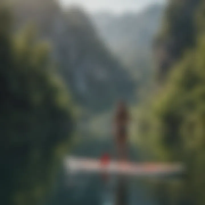 A serene lake scene with paddle boarders of various skill levels enjoying the water.