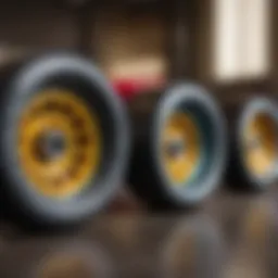 An array of skateboard wheels showcasing different diameters and colors.