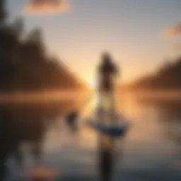 A serene paddle boarder navigating through a tranquil sunrise on the water