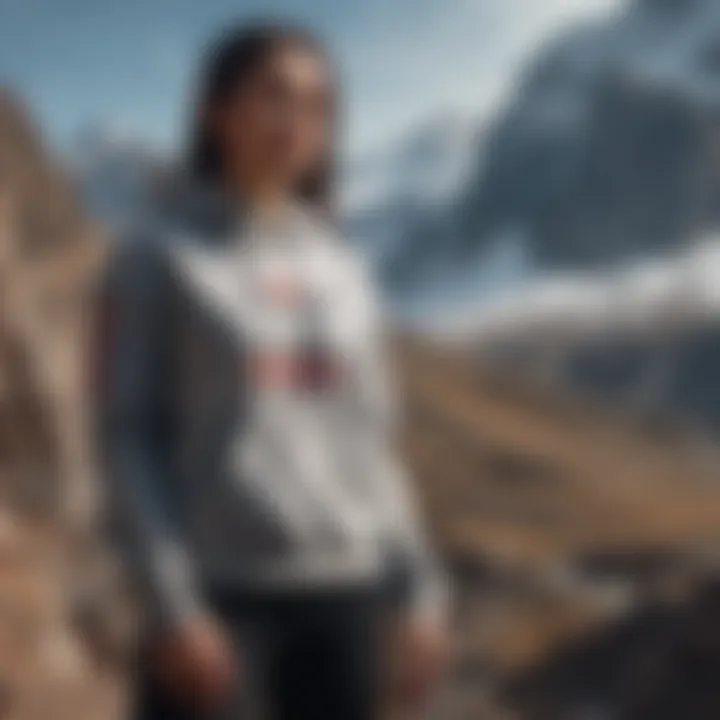 Short cropped hoodie against a backdrop of a rugged mountain range