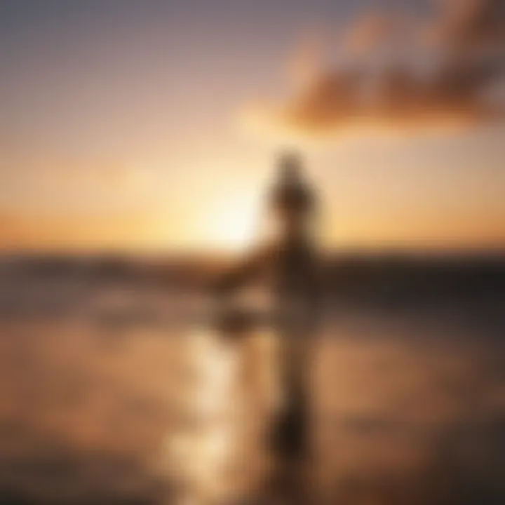 Silhouette of a surfer against a stunning sunset