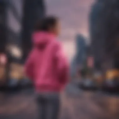 Silhouette of a person wearing the Nike Pink Windbreaker against a city skyline