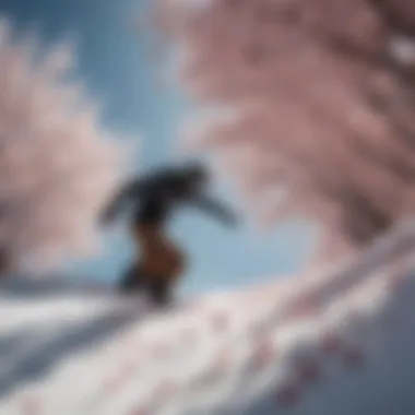 Sculpting Nature's Beauty on Snow Silhouette of a snowboarder carving through a cherry blossom-laden slope