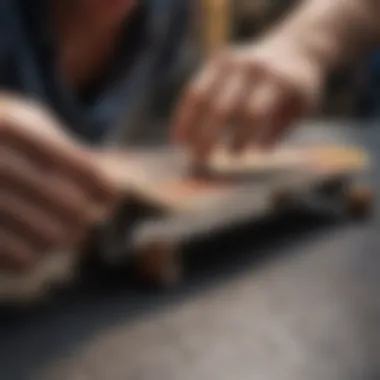 Close-up of an artist applying paint on a skateboard