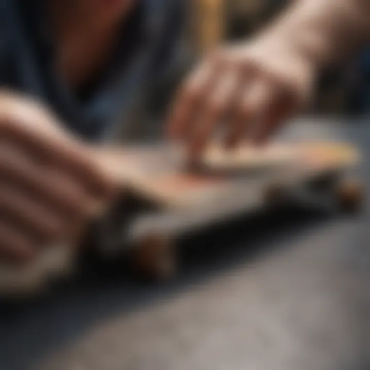 Close-up of an artist applying paint on a skateboard