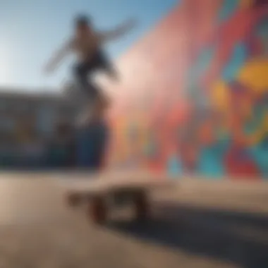 A skateboarder performing tricks against a colorful mural