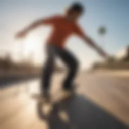 A vibrant skateboarder gliding along a sun-kissed boardwalk