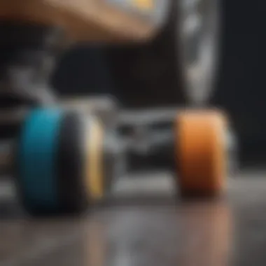 Close-up of skateboard wheels and shoe grip