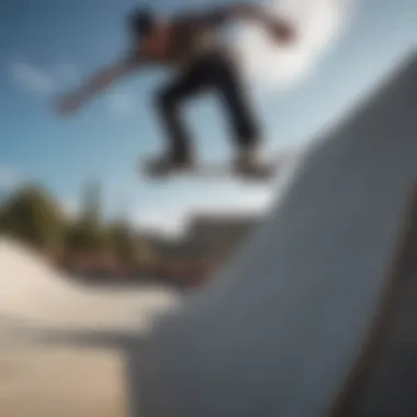 Skateboarder launching off the top of the quarter pipe into a high ollie