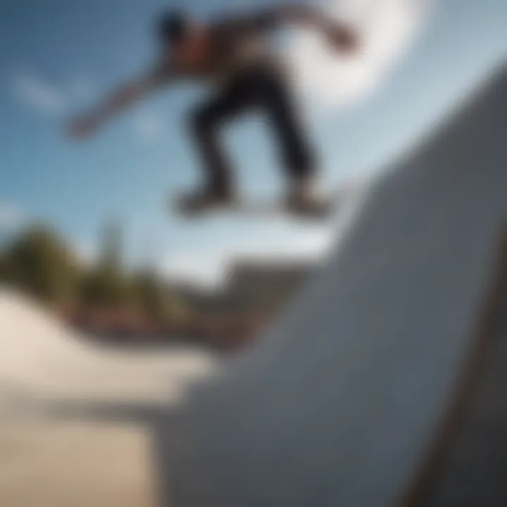 Skateboarder launching off the top of the quarter pipe into a high ollie