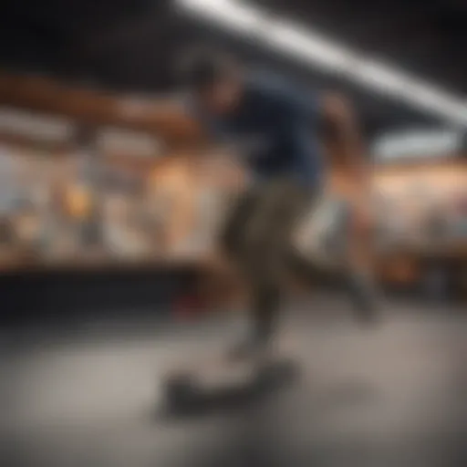 A skateboarder showcasing skills in a Zumiez store