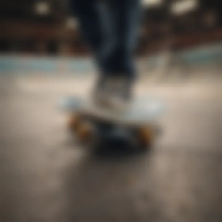 Close-up of a skateboarder's feet performing a backside grind on the quarter pipe coping