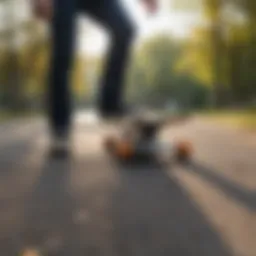 A beginner skateboarding in a park, showcasing balance and control.