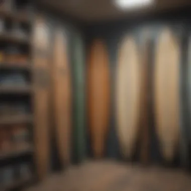 Skimboard shop interior with a variety of board designs