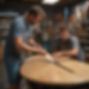 Skimboard shop owner assisting a customer with a purchase