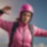 Pink windbreaker jacket in mid-air during skydiving