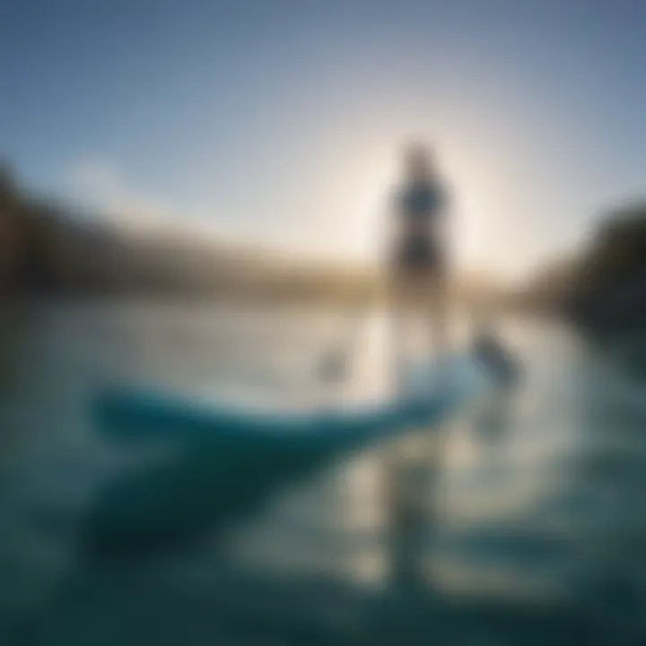 A sleek paddle board cutting through crystal-clear waters under a vibrant blue sky