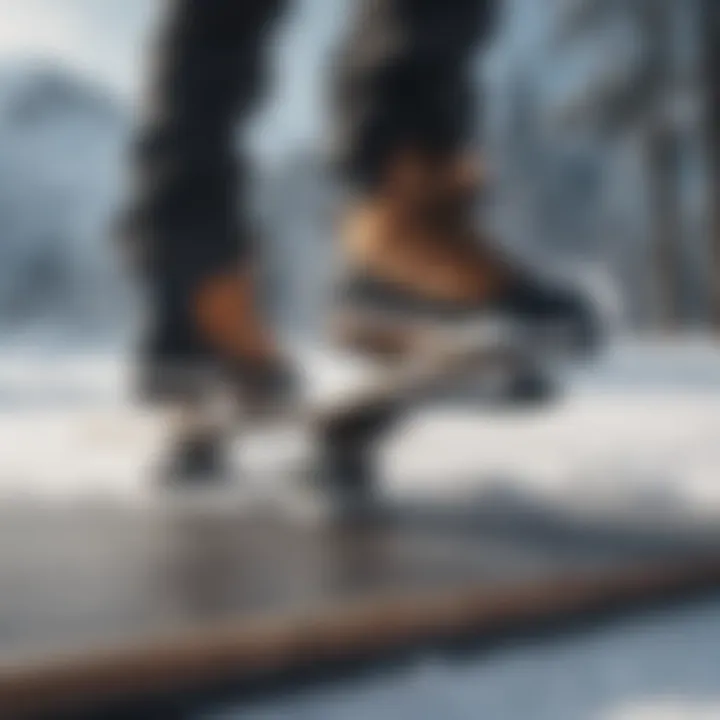 Close-up of snowboarder's foot executing a complex trick on the board