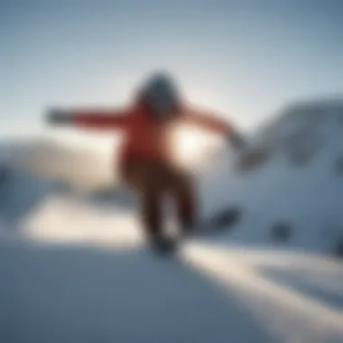 Snowboard rider carving on slopes