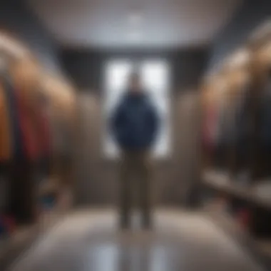 Snowboarder trying on snow pants in fitting room