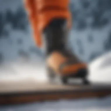 Close-up of a snowboarder's foot securely strapped onto the board