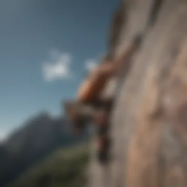 A solo rock climber scaling a sheer rock face with determination