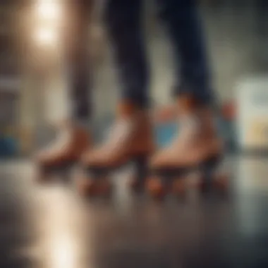 A group of skaters displaying their stylish custom roller skates in action at a skate park.