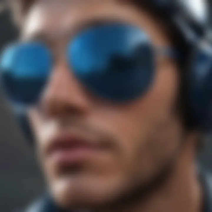 Close-up of stylish dark blue aviator sunglasses with reflection