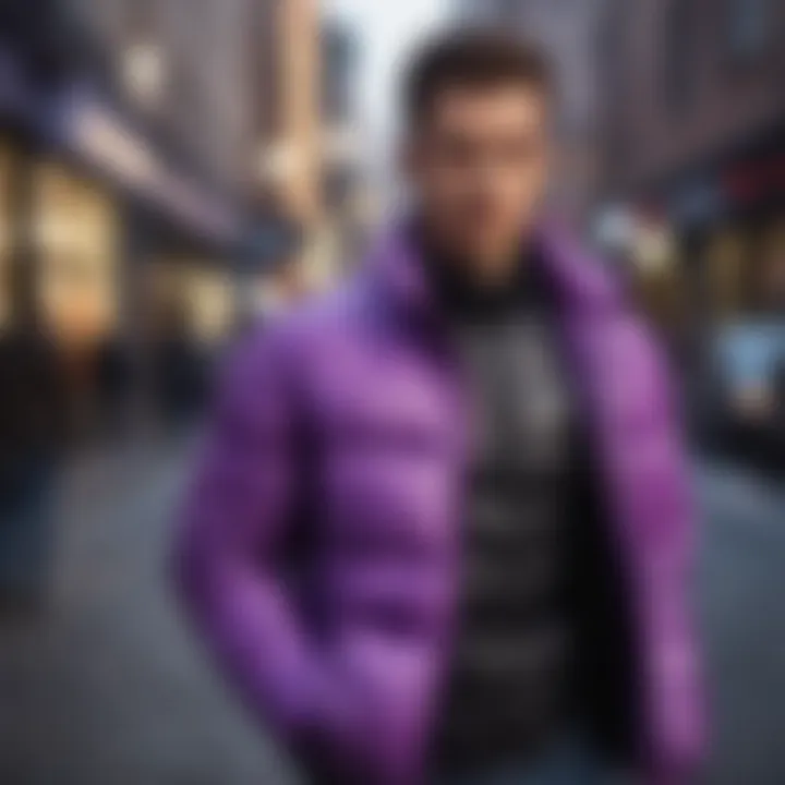 Stylish man walking down a city street in a purple puffer jacket