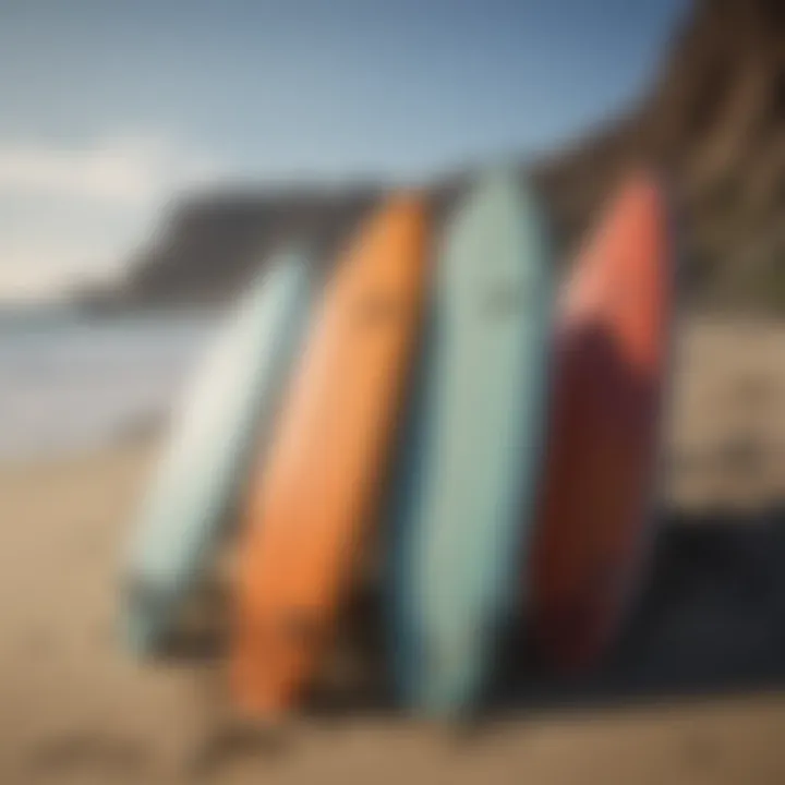 Surf camp setup with colorful surfboards against the ocean backdrop