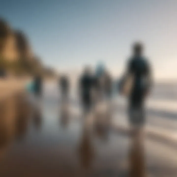 A group of surfers preparing for a lesson on the beach