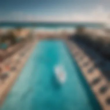 An aerial shot capturing the vibrant surf pool atmosphere with riders enjoying the waves.