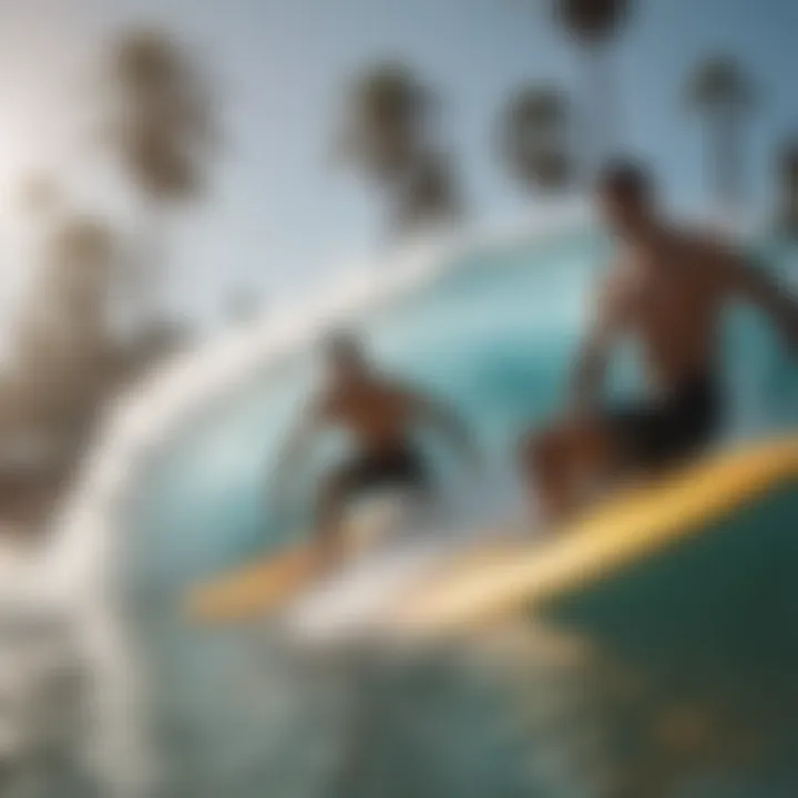 Close-up of surfers practicing techniques in the surf pool.