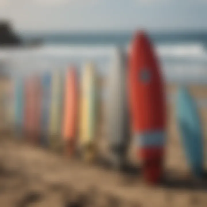 Vibrant beach scene with surfboards lined up on the shore