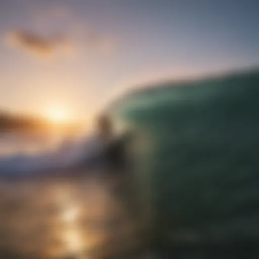 Breathtaking view of a surfer riding a wave at sunset