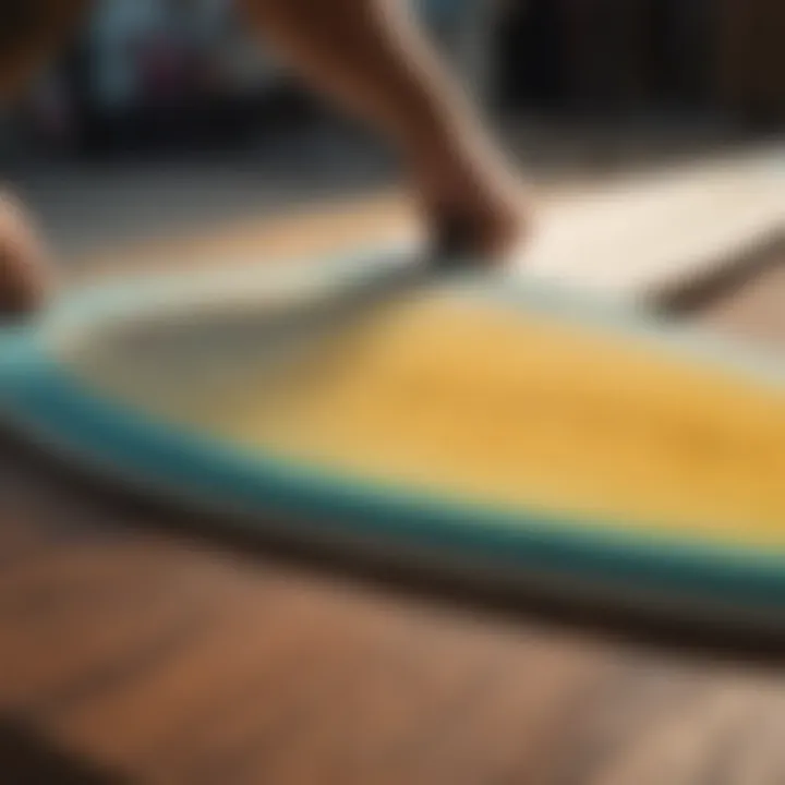 Surfboard sanding pad in action on a board