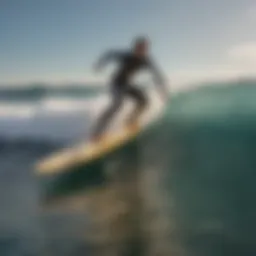 A surfer gracefully carving a wave with waxed surfboard