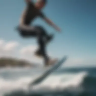 Surfer riding a foilboard catching air above the water