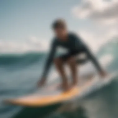 Surfer executing a sharp turn on a soft top surfboard with agility