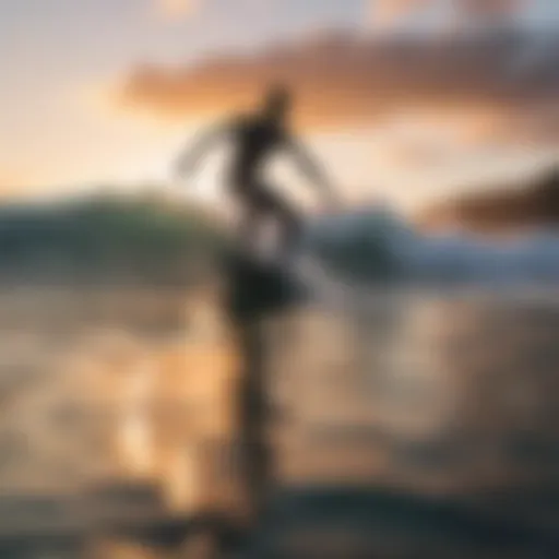 Surfer catching a wave at sunrise in Hawaii