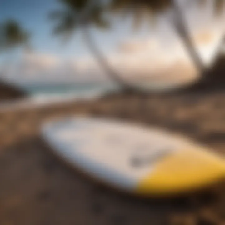 Safety gear and surfboards lined up on the beach