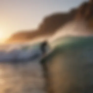 Surfer riding a powerful wave at sunset