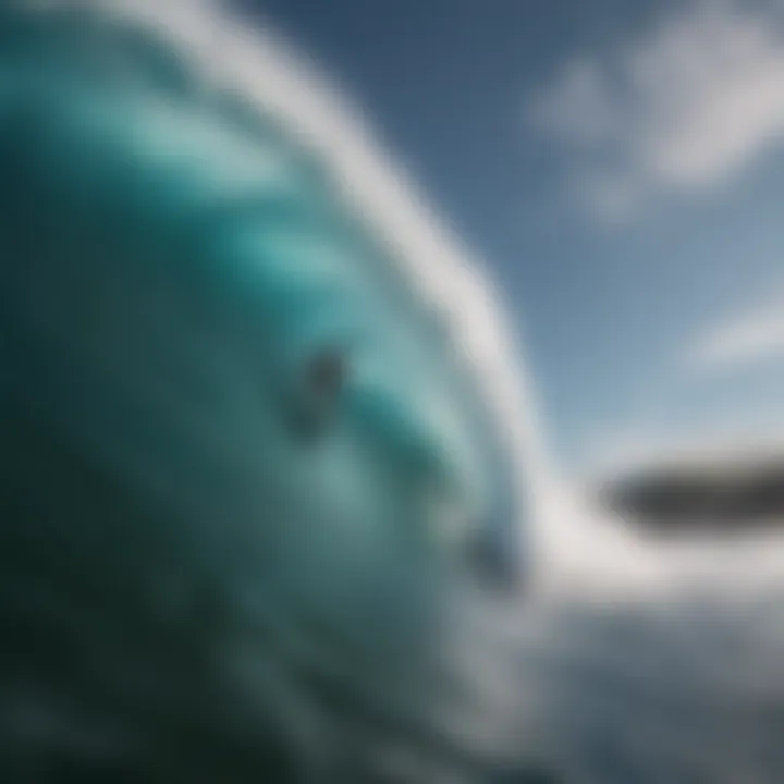 Exhilarating moment of a surfer riding a massive wave